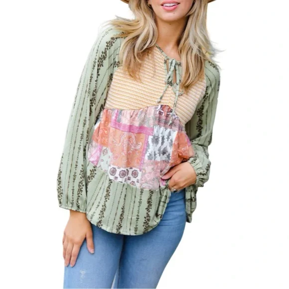 NEW HAPTICS OLIVE & MUSTARD BOHO TWO TONE TIERED BABYDOLL TOP - Picture 2 of 11